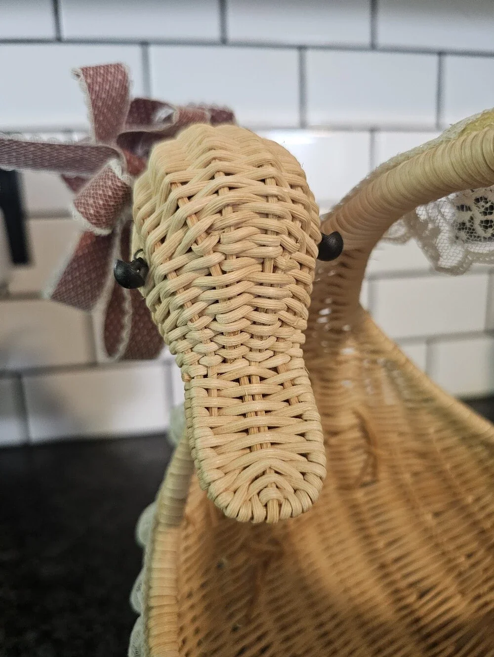 Cottagecore Goose Basket 3D Full Shape Wicker Lace Ribbon Neck Feet Vintage Rare